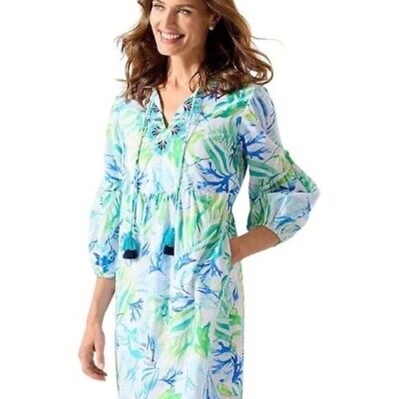 Tommy Bahama Sea Fronds Split-Neck Mini Dress Summer A-Line Small Tropical Palm - Picture 1 of 8